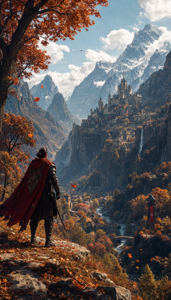 Vertical iPhone wallpaper showing a cloaked traveler on a cliff overlooking a mountain castle amid vivid fall colors and cascading waterfalls.
