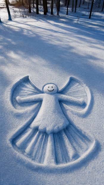 Vertical iPhone wallpaper: smiling snow angel pressed into fresh snow with wide wings and scalloped gown, long tree shadows stretching across a snowy forest clearing.