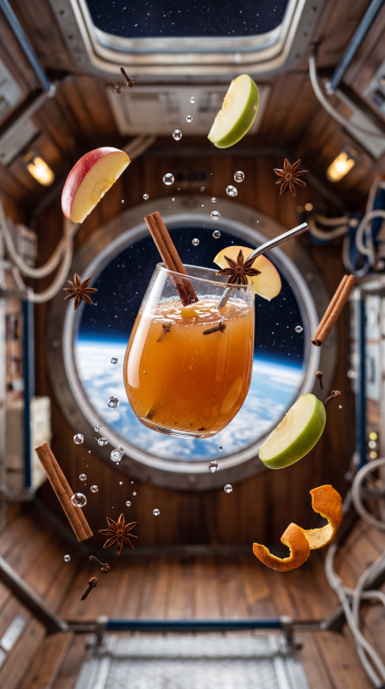 iPhone wallpaper showing a floating glass of spiced apple cider with apple slices, cinnamon sticks and star anise in a spacecraft cabin, Earth visible through the porthole.