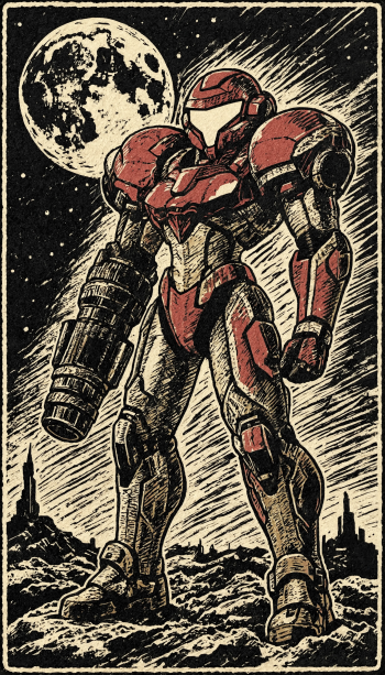 iPhone wallpaper showing Samus Aran in her red Power Suit standing on a rocky lunar surface beneath a full moon, rendered in a vintage etched comic style.