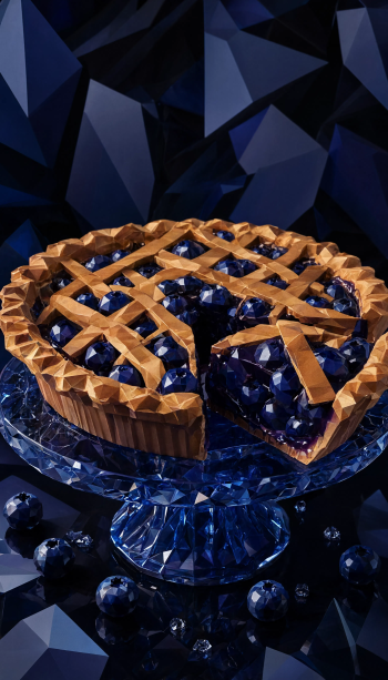 Portrait phone wallpaper of a glossy blueberry pie with golden lattice crust on a faceted glass pedestal against a dark geometric blue background.