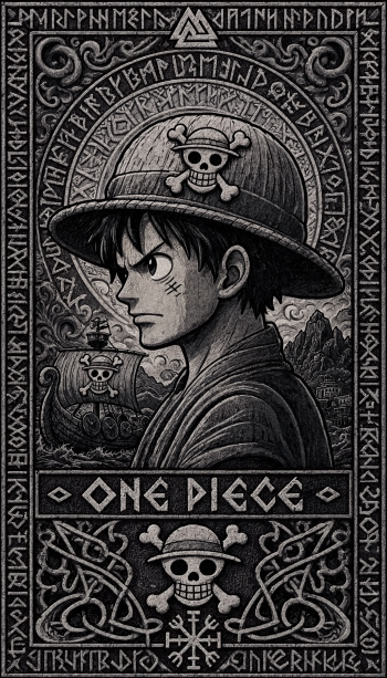 Monochrome carved-stone style iPhone wallpaper of One Piece’s Monkey D. Luffy in profile, straw hat with Jolly Roger, pirate ship and ornate runic border.