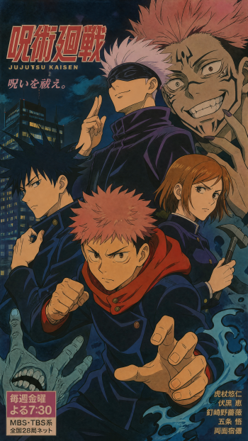 Jujutsu Kaisen iPhone wallpaper: Yuji, Gojo, Megumi, Nobara and Sukuna in dynamic poses against a moody nighttime city backdrop.