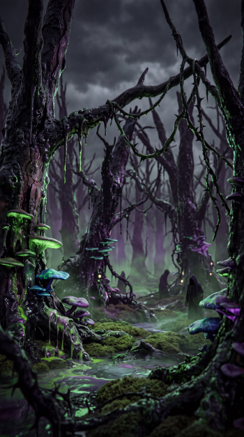 Haunted Forest iPhone wallpaper: vertical view of twisted, dripping trees, bioluminescent mushrooms and mossy pools under stormy skies, fog-shrouded path leading into shadowed woods.