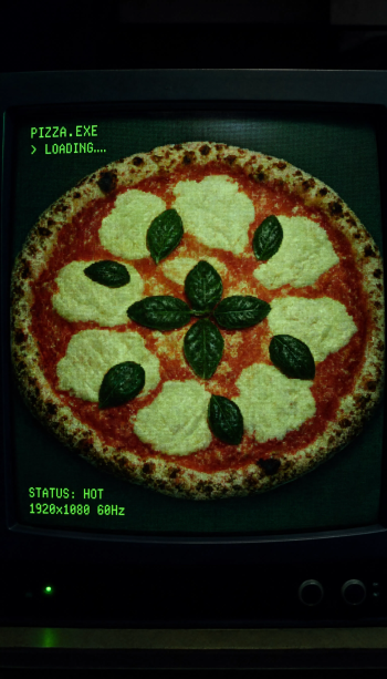 Margherita pizza iPhone wallpaper on a retro CRT screen with green terminal text reading PIZZA.EXE > LOADING... and basil leaves arranged in a star pattern.