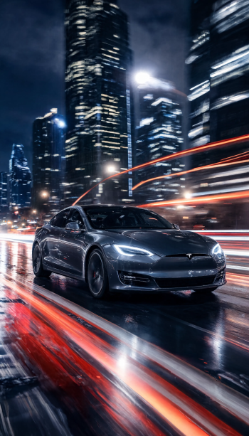 iPhone wallpaper: Tesla sedan speeding through rainy, neon-lit city streets with light trails and glossy reflections beneath towering skyscrapers.
