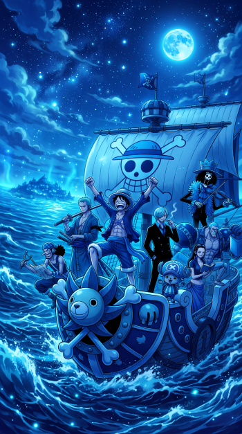 Moonlit blue One Piece iPhone wallpaper: the Straw Hat crew on the Thousand Sunny sailing through starry seas, Luffy cheering at the bow with the Jolly Roger sail behind them.