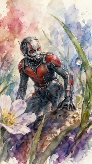 Watercolor Ant-Man crouched among oversized grass, flowers and a dewdrop, rendered in soft pastels on a vertical iPhone wallpaper.