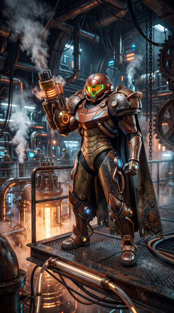 Metroid iPhone wallpaper: Samus Aran in her Power Suit stands on an industrial platform, arm cannon raised amid pipes, steam and glowing reactor lights.