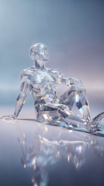 Chill iPhone wallpaper showing a reclining crystal humanoid on a reflective floor, cool blue-gray lighting and soft reflections.