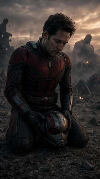 Ant-Man kneeling on a smoky battlefield, helmet in hand, somber sky and looming figures behind him — iPhone wallpaper.