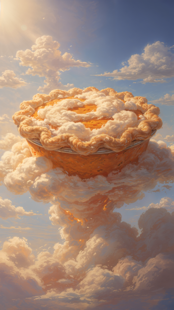 iPhone wallpaper: a surreal sweet potato pie made of clouds floating through a sunlit, golden sky.