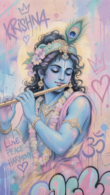 Graffiti-style iPhone wallpaper of blue-skinned Krishna playing a flute, adorned with a peacock feather, flowers and hearts, with Krishna lettering.