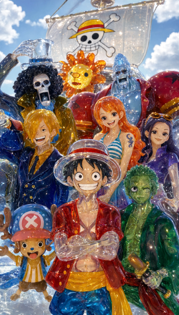 One Piece iPhone wallpaper: vibrant figurine-style Straw Hat crew led by Luffy, flanked by Zoro, Nami, Sanji, Chopper, Robin, Franky, Brook beneath the Jolly Roger.