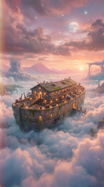 iPhone wallpaper of a Noah's Ark–style wooden boat floating in pastel clouds at sunrise, moon overhead, warm lights and tiny animals on deck — a dreamy, celestial scene.