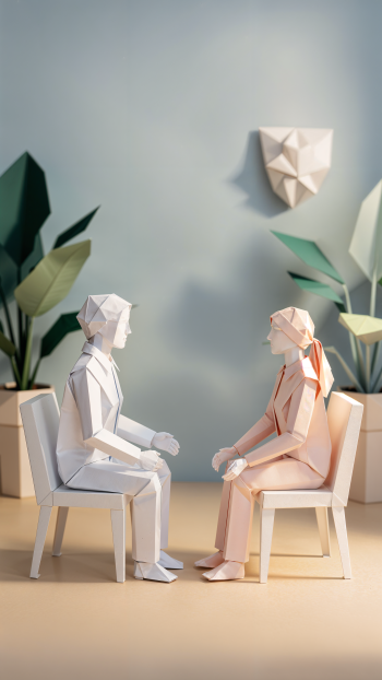 Origami paper sculptures depict a therapy session: two seated figures face each other in a calm, plant-filled room — vertical phone/iPhone wallpaper.