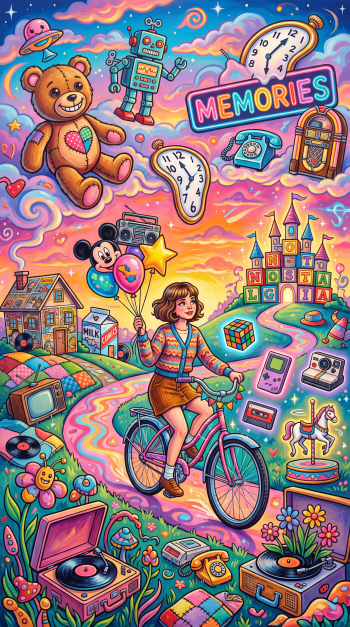 Vibrant iPhone wallpaper of nostalgic memories: a girl on a bicycle rides a rainbow path amid a teddy bear, toys, retro gadgets, melting clocks and a storybook castle.