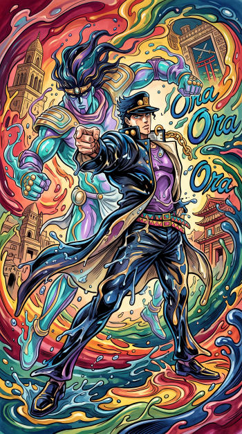 Vibrant JoJo's Bizarre Adventure anime iPhone wallpaper: Jotaro Kujo in trench coat punching forward with his Stand Star Platinum amid swirling multicolored energy and Ora Ora Ora lettering.