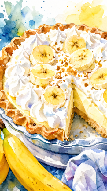 iPhone wallpaper watercolor of a banana cream pie dessert: golden crust and creamy filling topped with whipped peaks and banana slices, one slice removed; whole bananas and a blue cloth at the edge.