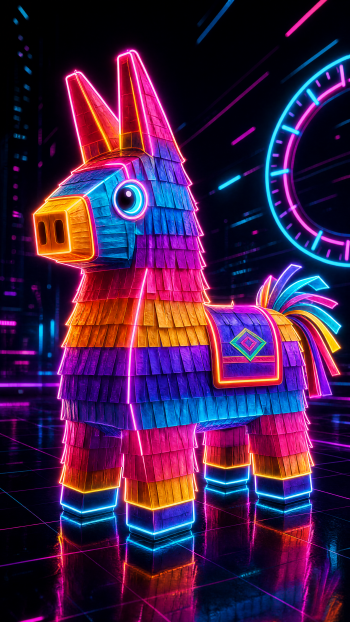 Neon piñata llama glowing in pink, blue, and yellow on a cyber grid background — vibrant iPhone wallpaper.