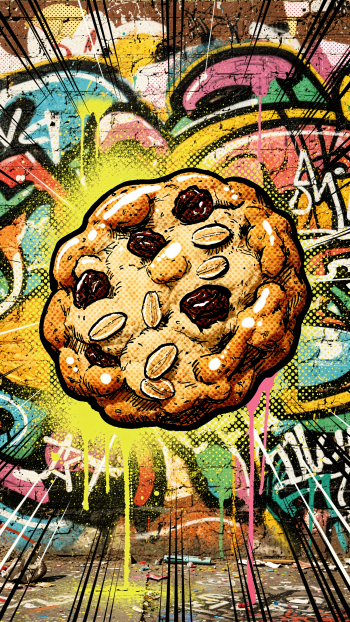 Phone/iPhone wallpaper: comic-style oatmeal raisin cookie with oats and raisins, bursting amid neon splashes and graffiti lines on a textured urban wall.
