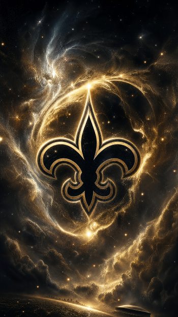 Phone wallpaper with a glowing gold fleur-de-lis symbol of the New Orleans Saints set against a swirling cosmic black-and-gold nebula.