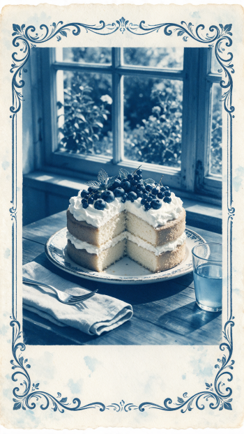 iPhone wallpaper of a two-layer vanilla cake dessert topped with whipped cream and fresh blueberries, presented on a plate by a sunlit window.