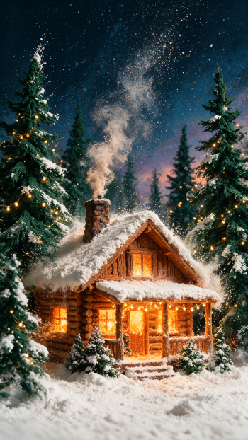 iPhone wallpaper of a cozy snow‑covered cabin glowing with warm light, smoke curling from the chimney, nestled among snow‑dusted pines beneath a starry winter sky.