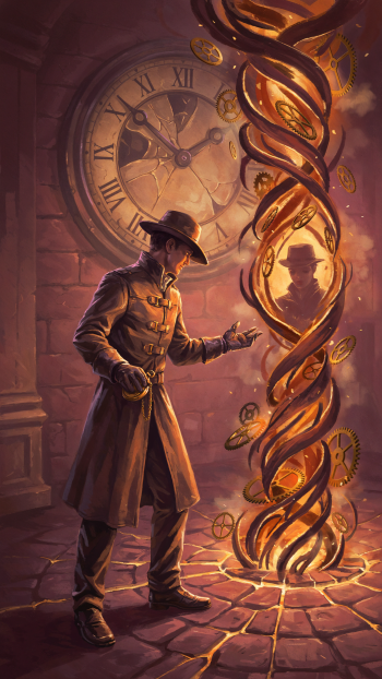 iPhone wallpaper showing a trench-coated time traveler before a spiraling golden time-travel portal of gears, a cracked clock face glowing behind him.