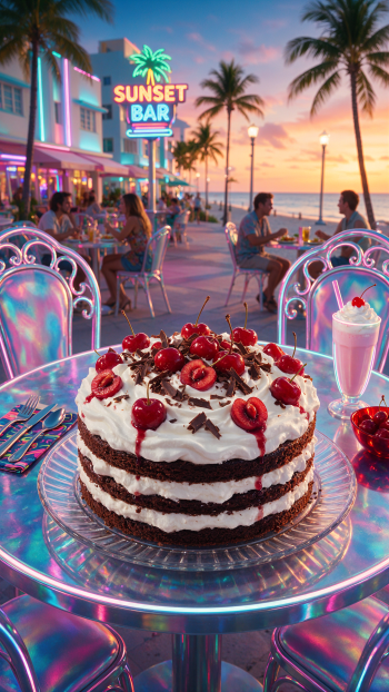 iPhone wallpaper: Black Forest cake (cake, dessert) on a glass table with cherries and chocolate shavings, milkshake beside it; neon Sunset Bar, palm trees and diners at sunset.