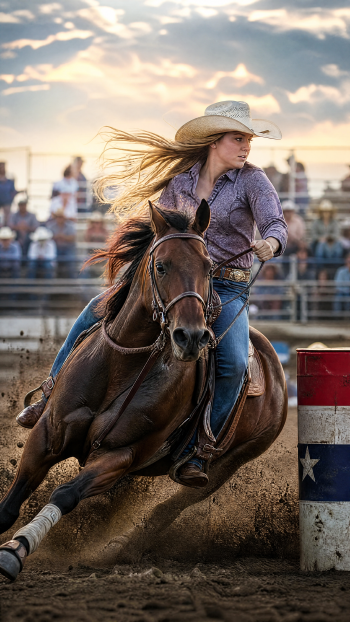 Rodeo barrel racing iPhone wallpaper — cowboy on a galloping horse leaning hard around a barrel, dust kicking up, arena crowd and a dramatic sky in the background.