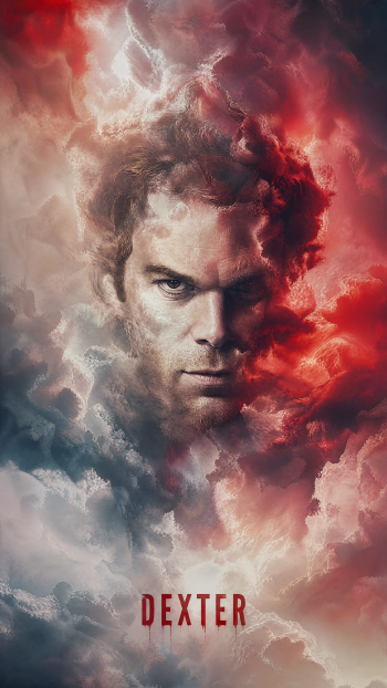 iPhone wallpaper poster: portrait of Dexter emerging from swirling red and gray clouds, intense gaze with shadowed half-face, bold DEXTER title centered at the bottom.
