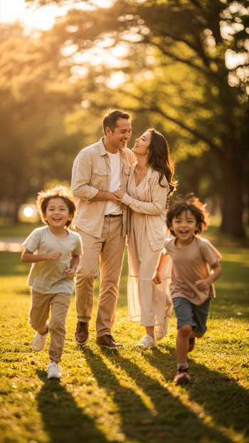 iPhone wallpaper: happy family in a sunlit park — parents embrace as two children run toward the camera, bathed in warm golden-hour light.
