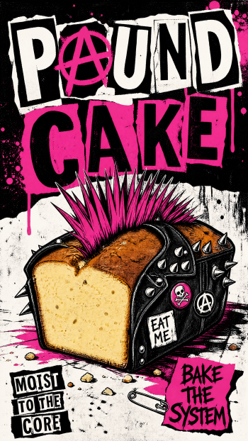 iPhone wallpaper: punk pound cake with a pink mohawk, studded leather jacket, stickers reading 'EAT ME' and 'Bake the System', bold black and hot pink graffiti lettering.