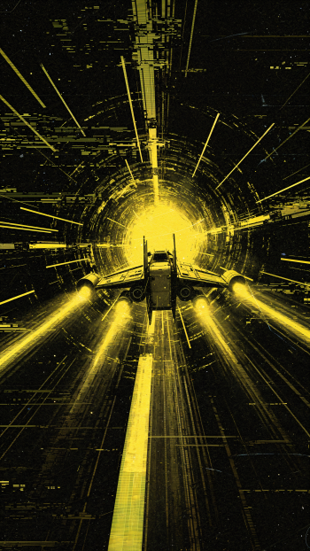 Warp Speed iPhone wallpaper: spaceship from the rear plunges into a luminous yellow warp tunnel, streaking light beams and digital trails conveying intense high-speed motion.