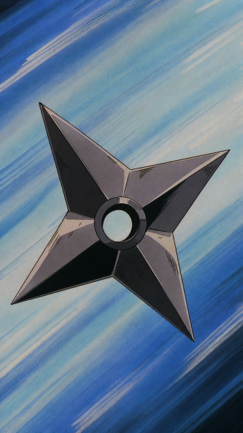 Vertical phone wallpaper of a metallic shuriken (ninja star/throwing star) against a streaked blue motion background.