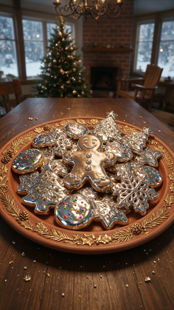 iPhone wallpaper of holiday cookies: gingerbread man, Christmas cookie, snowflake and round decorated cookies on a plate, dessert on a wooden table with a lit tree behind.