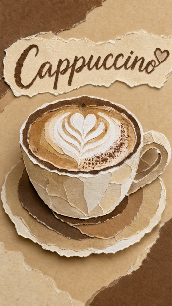 Phone wallpaper showing a cappuccino cup with latte art on a saucer, coffee tones in a torn-paper collage style with handwritten Cappuccino lettering.