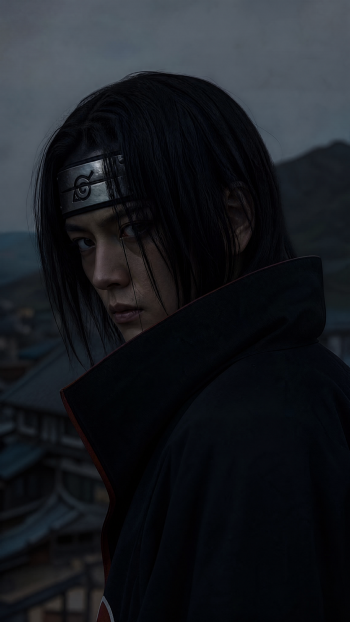 Moody iPhone wallpaper of Itachi Uchiha — a brooding anime ninja man in an Akatsuki cloak and forehead protector, long black hair silhouetted against a dim village skyline.