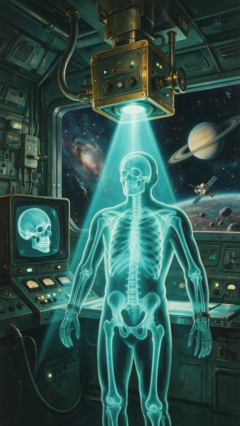 Glowing X‑ray skeleton hologram beamed in a retro spaceship cockpit, planets and a satellite framed outside the window — vertical iPhone wallpaper.