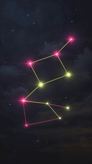 Vertical iPhone wallpaper showing two neon star constellations — pink and yellow stars connected by glowing lines against a dark starry sky.
