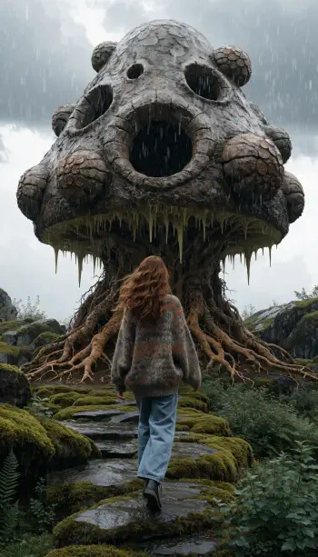 iPhone wallpaper showing a lone traveler approaching a colossal, face-like tree with gaping hollows and dangling roots in rain — a dark, wanderlust-filled scene.