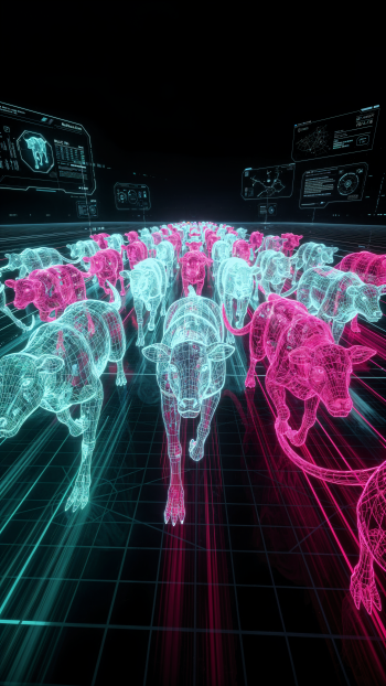 iPhone wallpaper showing a digital hologram stampede of horses in neon cyan and pink racing down a glowing grid with floating data panels.