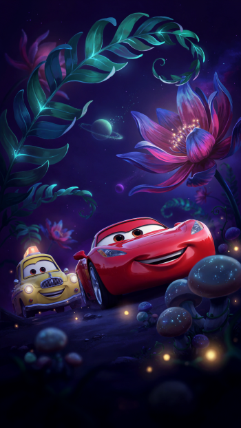 Cartoon iPhone wallpaper of Cars (Pixar): smiling red race car and cheerful yellow tow truck amid glowing mushrooms and giant neon flowers beneath a starry purple sky.