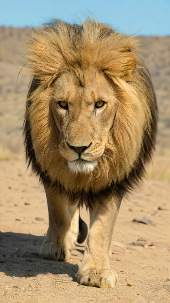 Vertical iPhone wallpaper of a majestic animal — a male lion walking toward the camera across a sunlit desert, its golden mane filling the frame.