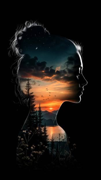 AMOLED iPhone wallpaper: black silhouette profile of a woman filled with a sunset lakeside landscape—pine trees, flying birds and a crescent moon blending into night sky.