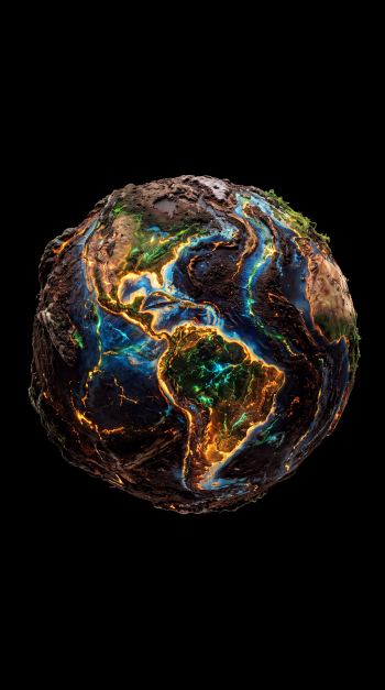 Amoled iPhone wallpaper of Earth as a stylized globe: neon blue oceans and molten orange veins glow over textured landmasses against a deep black background.