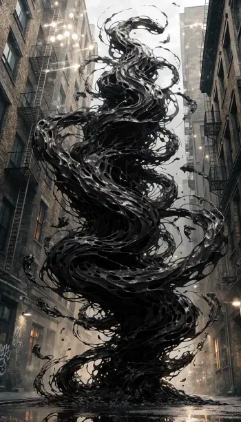 iPhone wallpaper: abstract entropy sculpture — a glossy black vortex of twisting, perforated tendrils rising through a narrow urban alley.