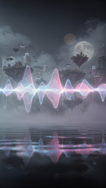 iPhone wallpaper: glowing waveform sweeps across a misty night city with floating islands, a large moon overhead, mirrored on water and scattered surreal eyes in the clouds.