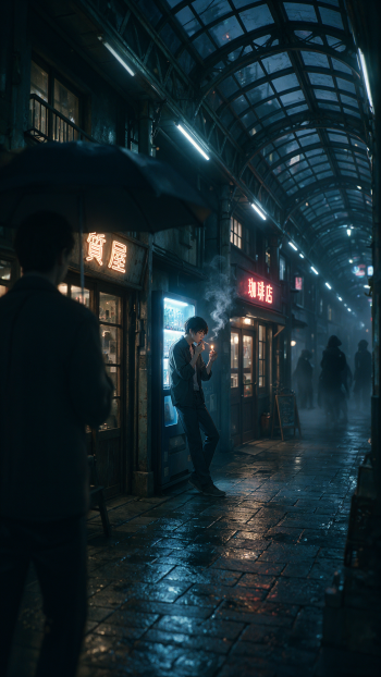 Dark anime alley at night: neon-lit covered street with wet pavements, silhouettes and a lone figure smoking by a shop — vertical iPhone wallpaper.